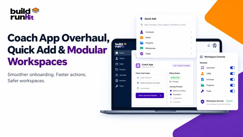 Modular Workspace Software: Coach App & Quick Add Updates